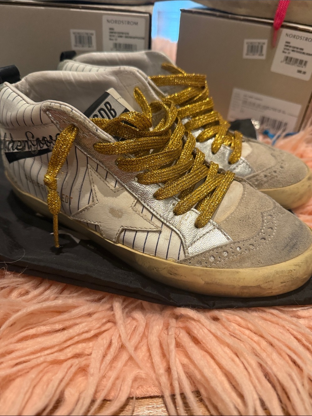Golden Goose Women's Pinstripe Sneakers with Metallic Gold Laces